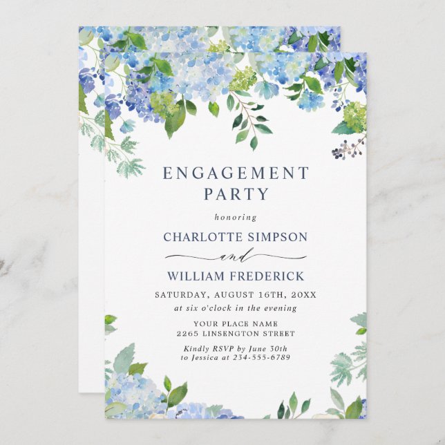 Elegant Blue Hydrangea Floral ENGAGEMENT PARTY Invitation (Front/Back)