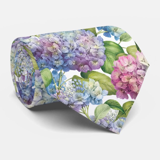 Elegant Blue Hydrangea Floral Pattern Wedding Neck Tie (Rolled)