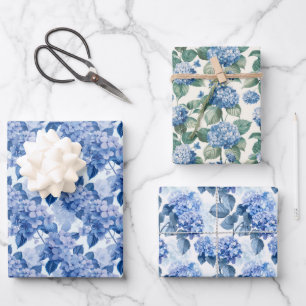 Elegant Blue Hydrangea Floral Pattern Wrapping Paper Sheets