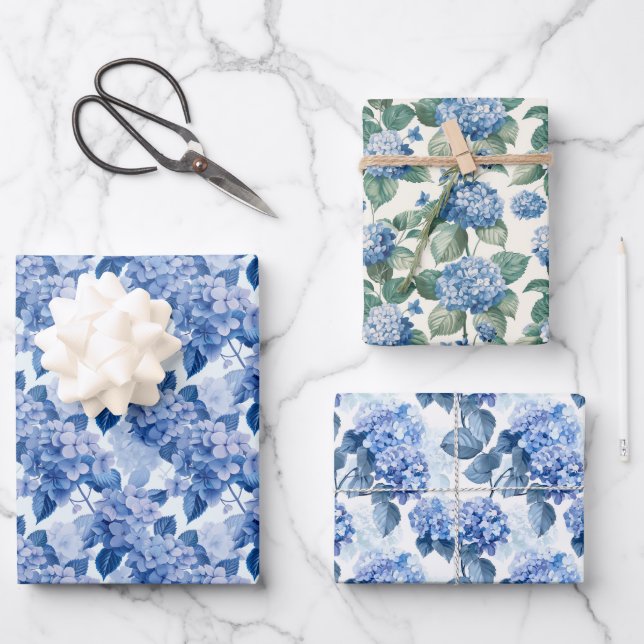 Elegant Blue Hydrangea Floral Pattern Wrapping Paper Sheets (Front)