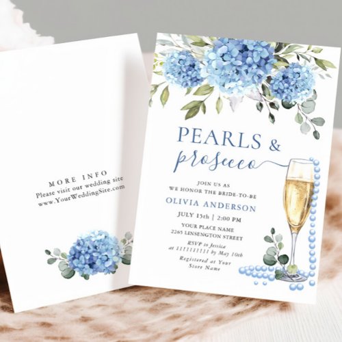 Elegant Blue Hydrangea Floral PEARLS  Prosecco Invitation