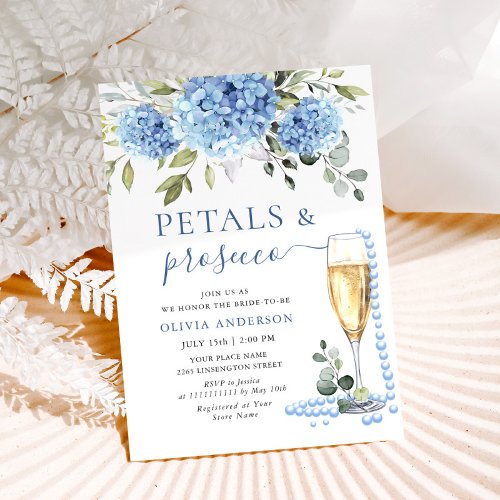 Elegant Blue Hydrangea Floral PEARLS  Prosecco Invitation
