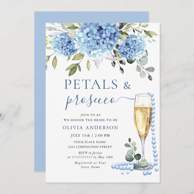 Elegant Blue Hydrangea Floral PETALS & Prosecco Invitation (Front/Back)