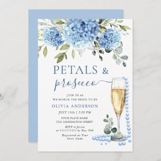 Elegant Blue Hydrangea Floral PETALS & Prosecco Invitation