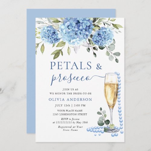Elegant Blue Hydrangea Floral PETALS  Prosecco Invitation