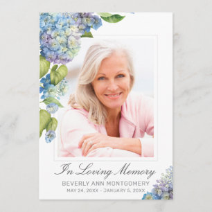 Elegant Blue Hydrangea Floral Photo Funeral Card