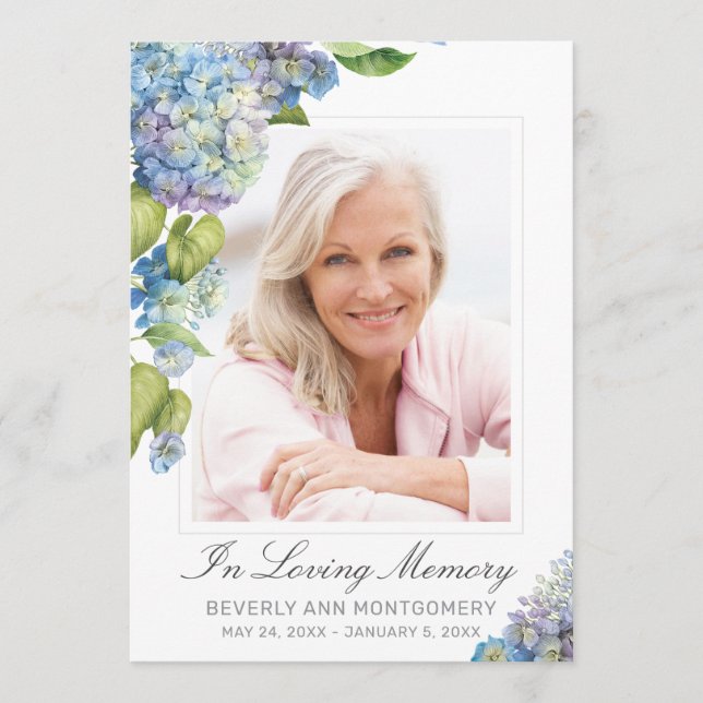 Elegant Blue Hydrangea Floral Photo Funeral Card (Front)