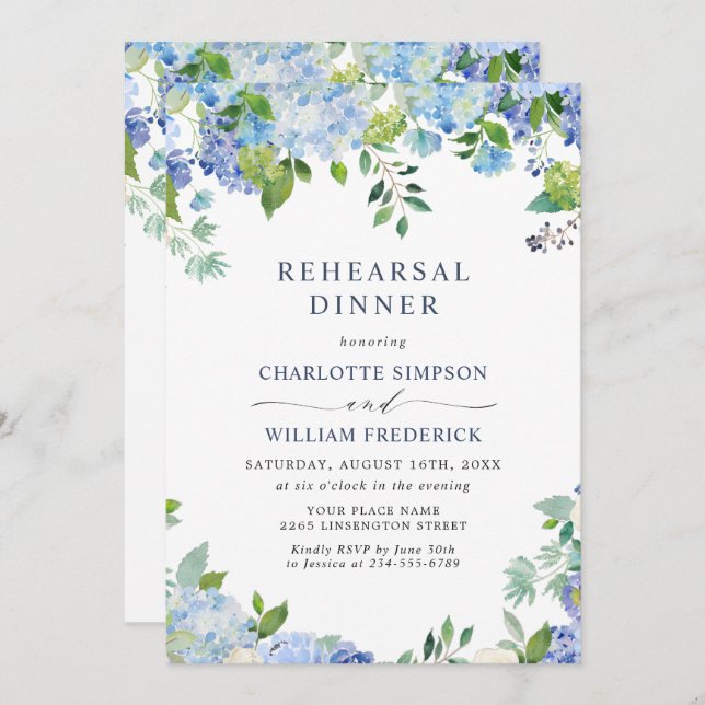 Elegant Blue Hydrangea Floral REHEARSAL DINNER Invitation (Front/Back)