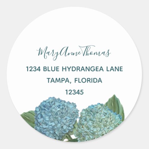Elegant Blue Hydrangea Floral Return Address Classic Round Sticker