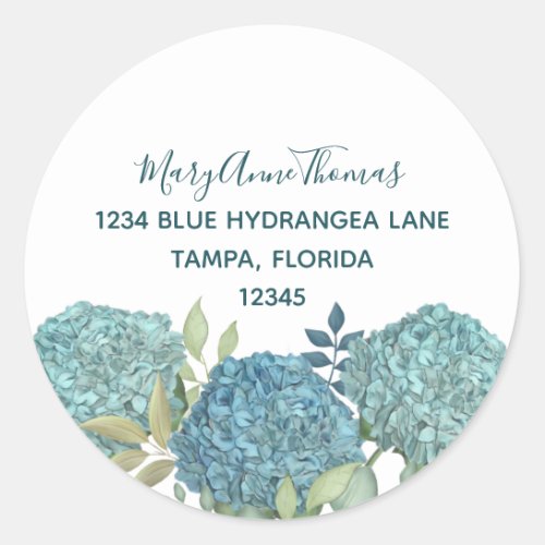 Elegant Blue Hydrangea Floral Return Address Classic Round Sticker