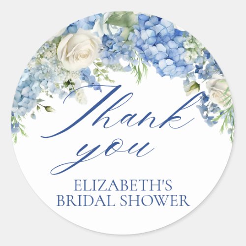 Elegant Blue Hydrangea Floral Script Thank You Classic Round Sticker