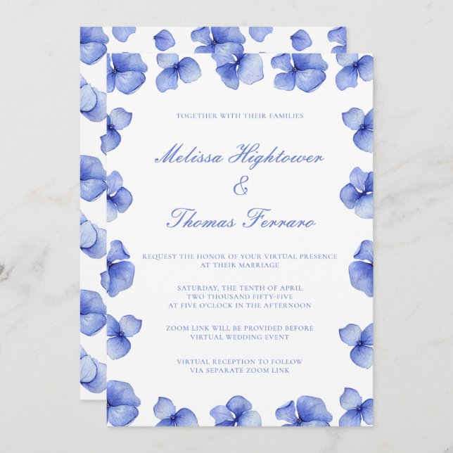 Elegant Blue Hydrangea Floral Virtual Wedding Invitation (Front/Back)
