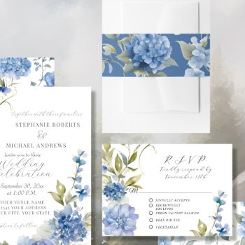 Elegant Blue Hydrangea Floral Watercolor Wedding Invitation Belly Band by ModernStylePaperie at Zazzle