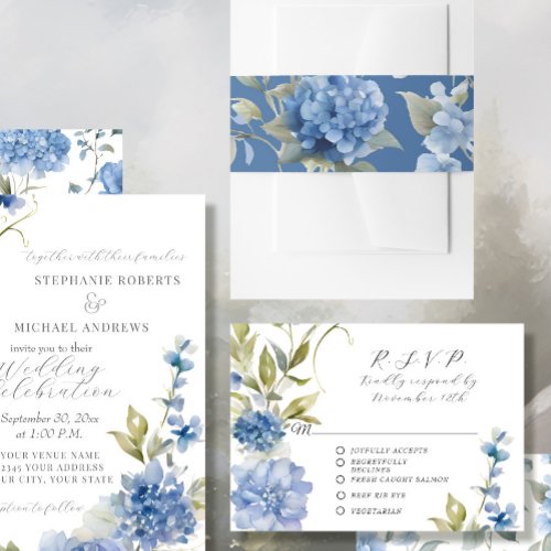 Elegant Blue Hydrangea Floral Watercolor Wedding Invitation Belly Band