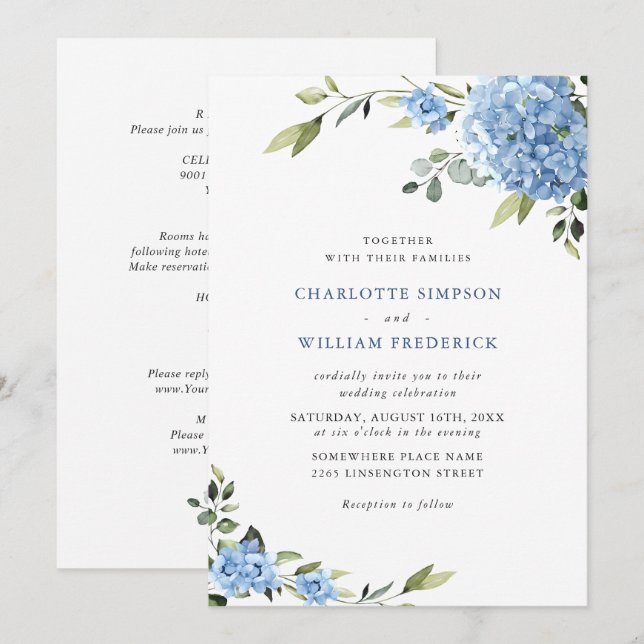 Elegant Blue Hydrangea Floral Wedding All In One Invitation (Front/Back)
