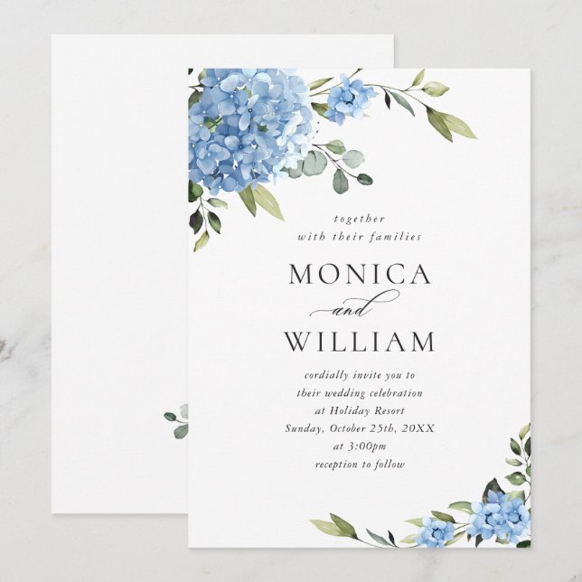 Elegant Blue Hydrangea Floral Wedding All In One Invitation (Front/Back)