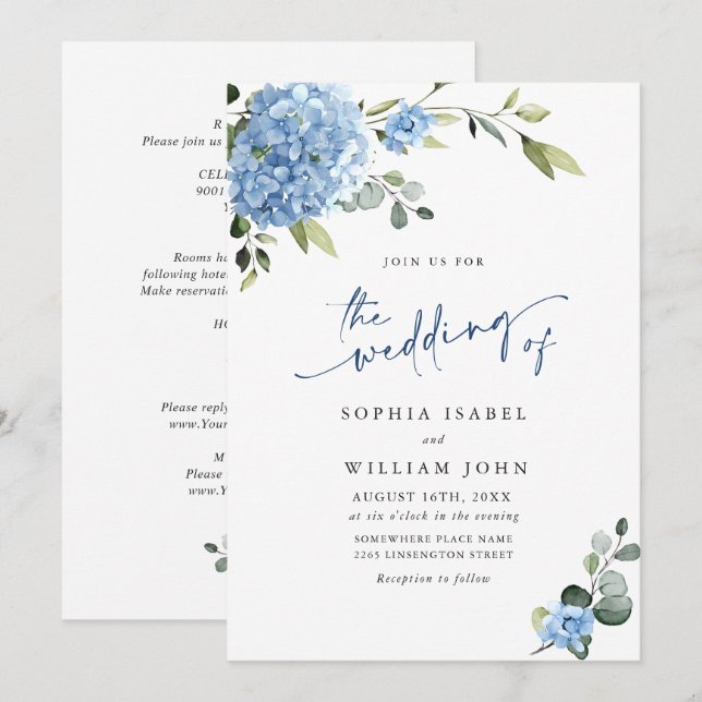 Elegant Blue Hydrangea Floral Wedding All In One Invitation (Front/Back)
