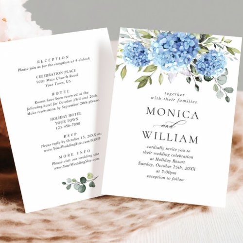 Elegant Blue Hydrangea Floral Wedding All In One Invitation