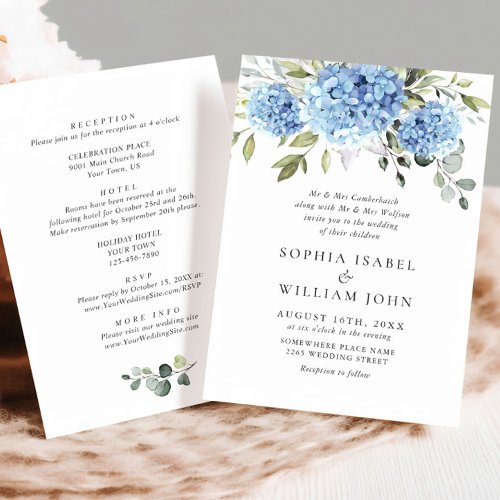 Elegant Blue Hydrangea Floral Wedding All In One Invitation