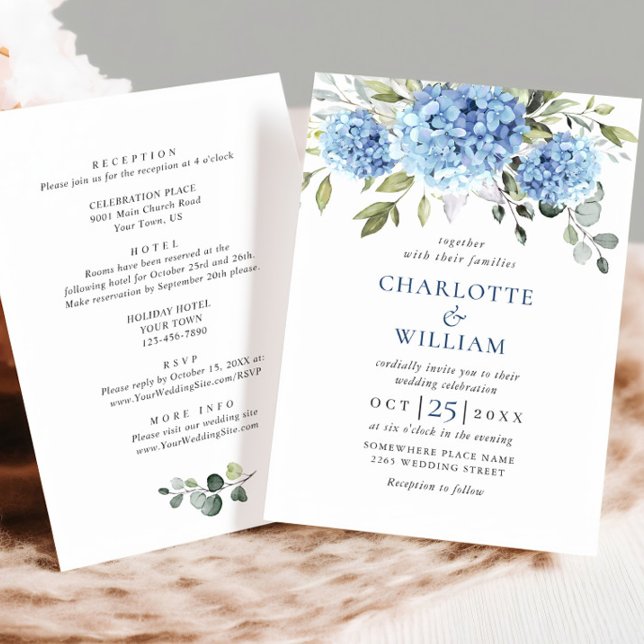 Elegant Blue Hydrangea Floral Wedding All In One Invitation (Creator Uploaded)