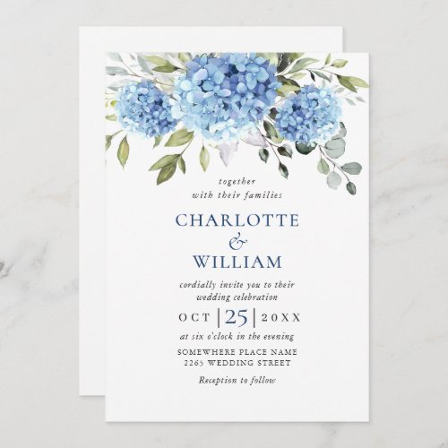Elegant Blue Hydrangea Floral Wedding All In One Invitation