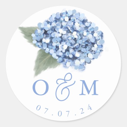 Elegant Blue Hydrangea Floral Wedding  Classic Round Sticker