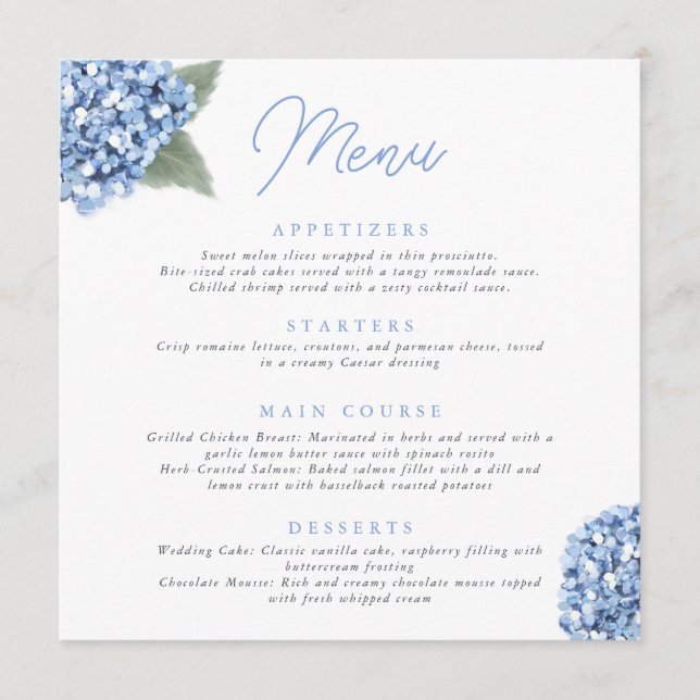 Elegant Blue Hydrangea Floral Wedding  Menu (Front)