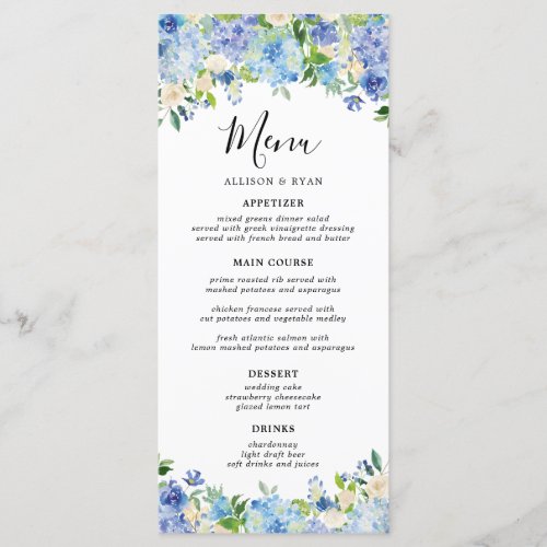 Elegant Blue Hydrangea Floral Wedding Menus