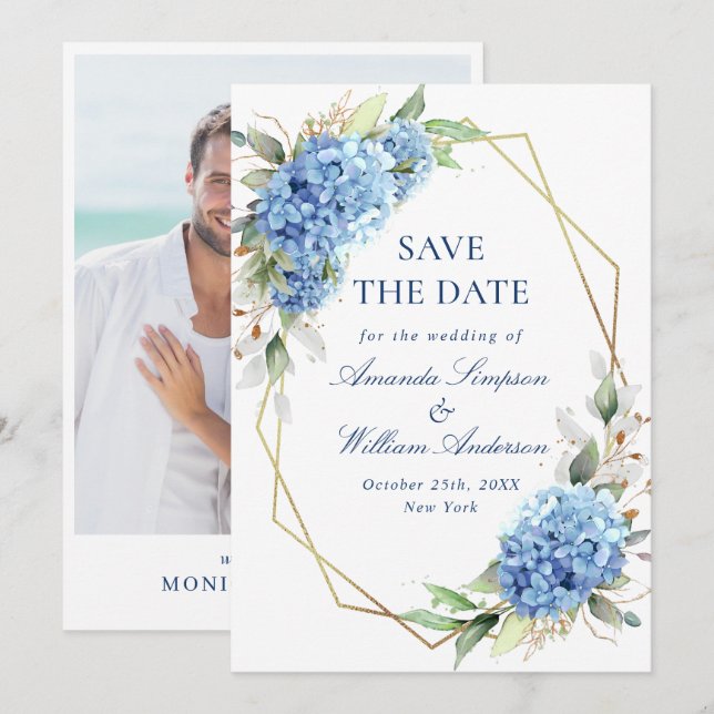 Elegant Blue Hydrangea Floral Wedding Photo Save The Date (Front/Back)