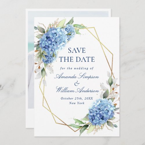 Elegant Blue Hydrangea Floral Wedding Photo Save The Date