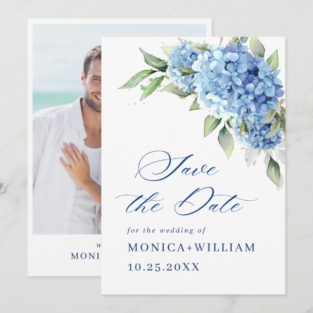 Elegant Blue Hydrangea Floral Wedding Photo Save The Date (Front/Back)