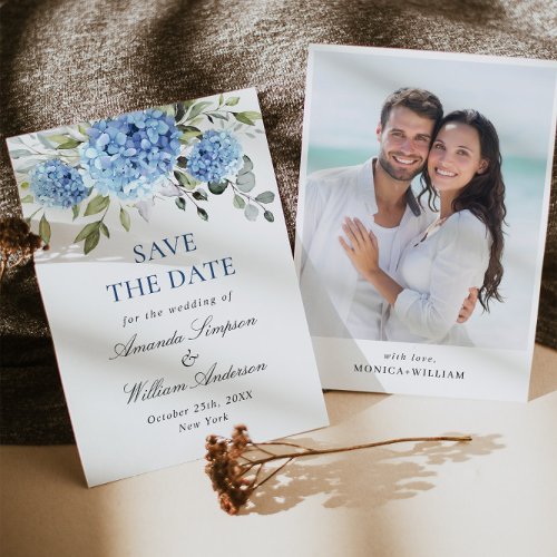 Elegant Blue Hydrangea Floral Wedding Photo Save The Date