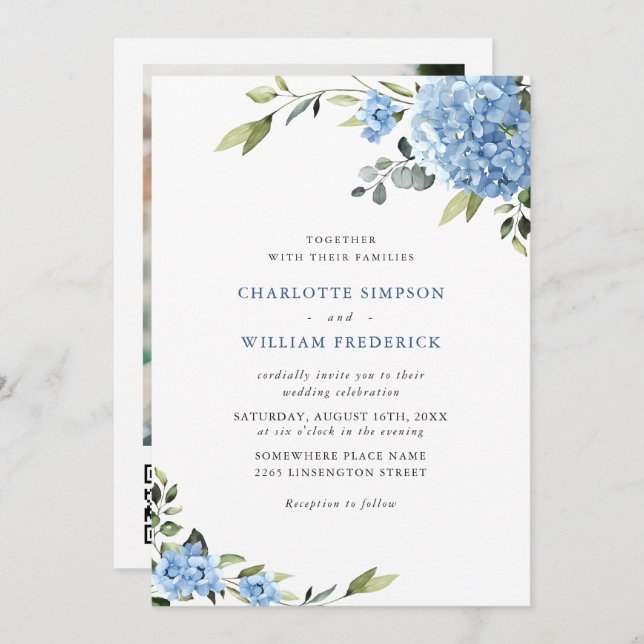 Elegant Blue Hydrangea Floral Wedding QR code Invitation (Front/Back)