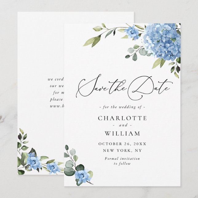 Elegant Blue Hydrangea Floral Wedding Save The Date (Front/Back)
