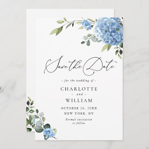 Elegant Blue Hydrangea Floral Wedding Save The Date