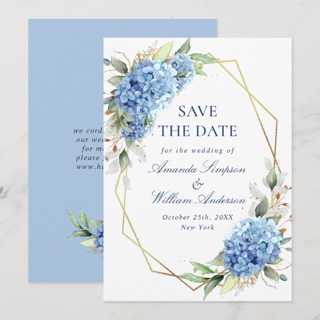 Elegant Blue Hydrangea Floral Wedding Save The Date (Front/Back)
