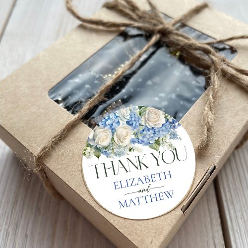 Elegant Blue Hydrangea Floral Wedding Thank You Classic Round Sticker