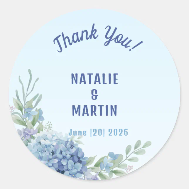Elegant Blue Hydrangea Floral Wedding Thank You Classic Round Sticker ...