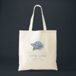 Elegant Blue Hydrangea Floral Wedding  Tote Bag<br><div class="desc">Celebrate your special day with our exquisite Blue Hydrangea Wedding Guest Tote Bag. Perfect to give your guests for a destination wedding weekend or personalized with bridal party names. Featuring a delicate watercolor illustration of a blue hydrangeas, this tote bag has sophisticated script in a striking blue hue that complements...</div>