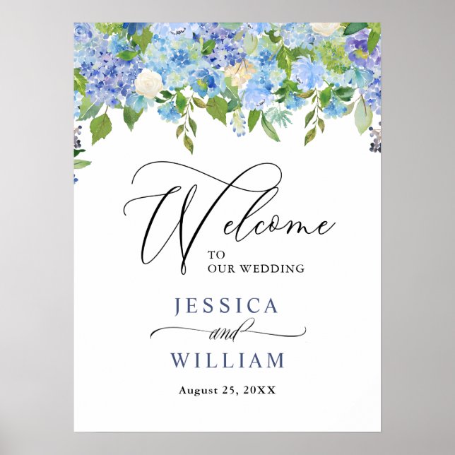 Elegant Blue Hydrangea Floral Wedding Welcome Sign (Front)