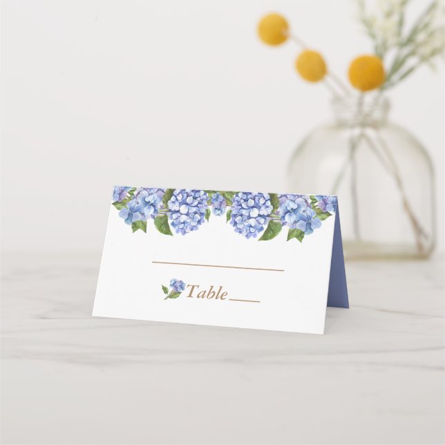 Elegant Blue Hydrangea Floral White Wedding  Place Card (Front)