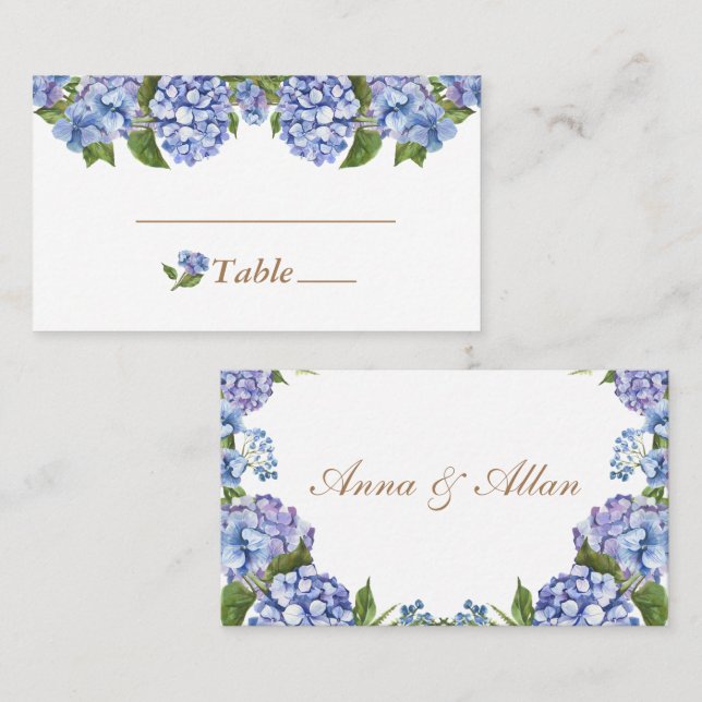 Elegant Blue Hydrangea Floral White Wedding  Place Card (Front/Back)