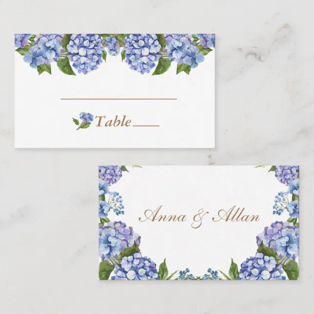 Elegant Blue Hydrangea Floral White Wedding Place Card | Zazzle