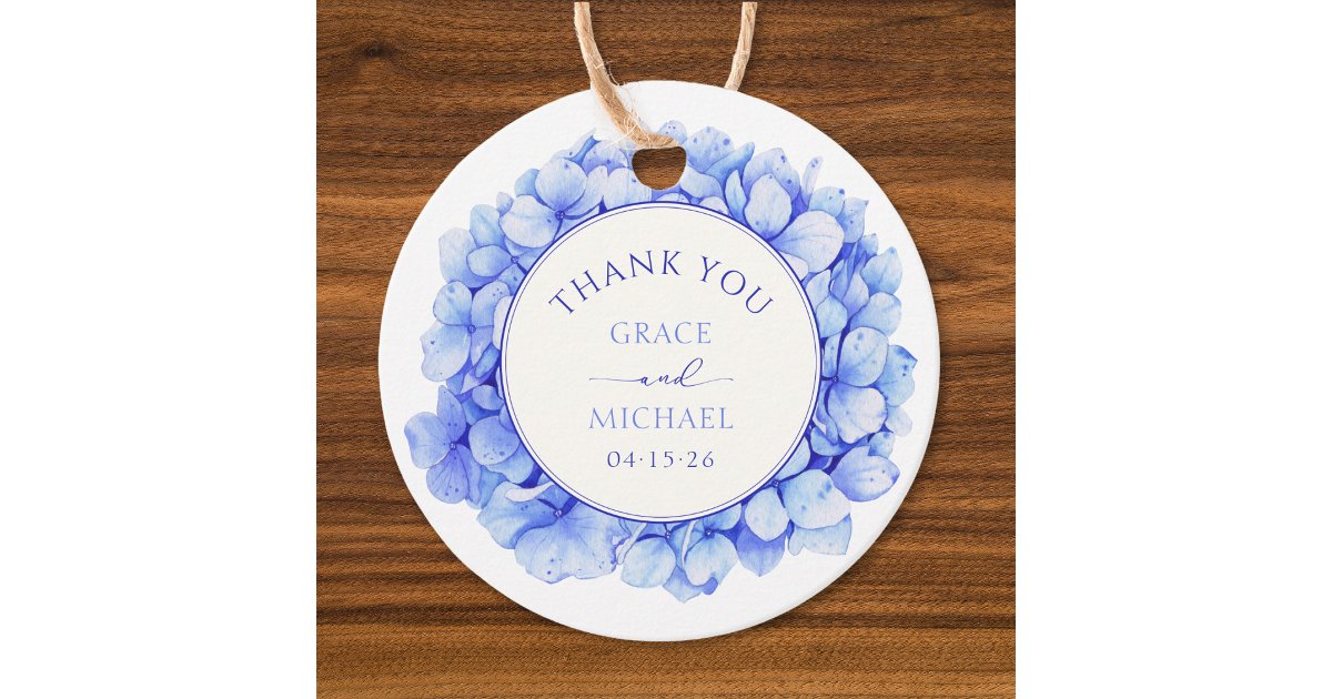 Elegant Blue Hydrangea Flower Wedding Thank You Favor Tags | Zazzle
