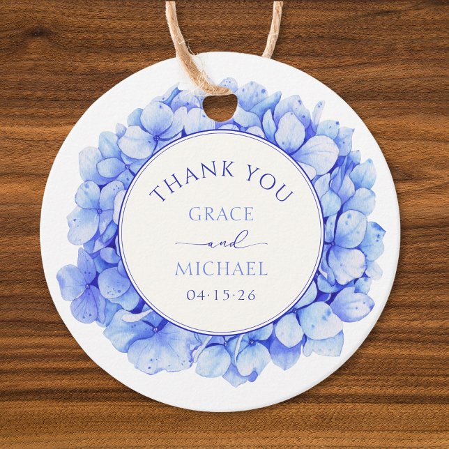 Elegant Blue Hydrangea Flower Wedding Thank You Favor Tags (Elegant hydrangea wedding favor tag with customizable names and date – perfect for thank you gifts.)