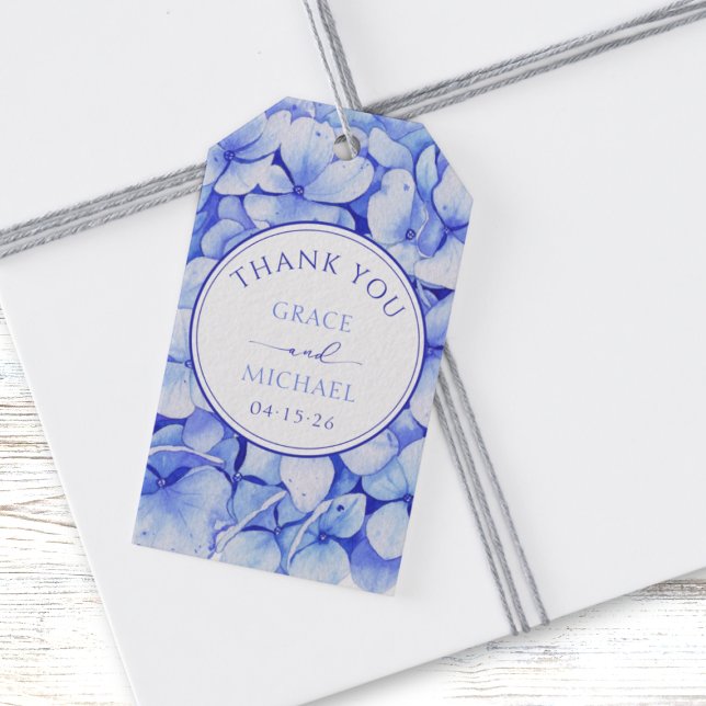 Elegant Blue Hydrangea Flower Wedding Thank You Gift Tags (Elegant blue hydrangea wedding favor tags, personalized with names and date for a classic aesthetic.)