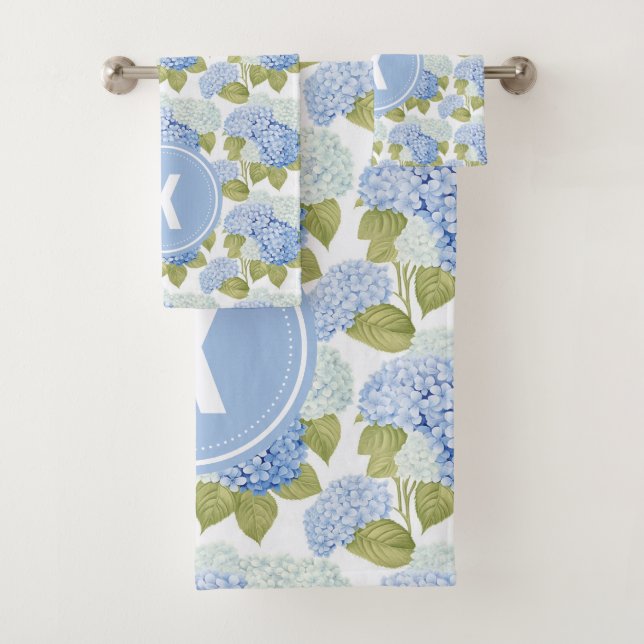 Elegant Blue Hydrangea Flowers Pattern Monogram Bath Towel Set (Insitu)