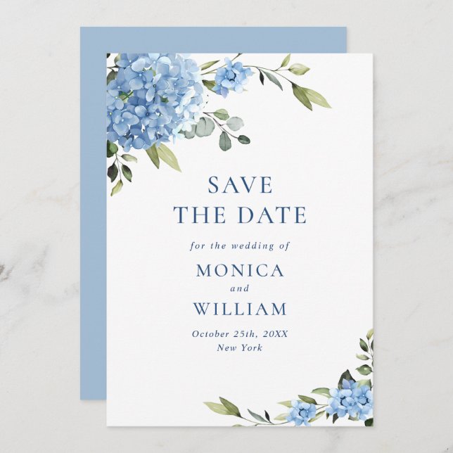 Elegant Blue Hydrangea Flowers Spring Wedding Save The Date (Front/Back)