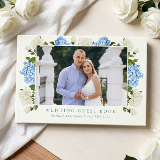 Elegant Blue Hydrangea Flowers White Roses Wedding Guest Book
