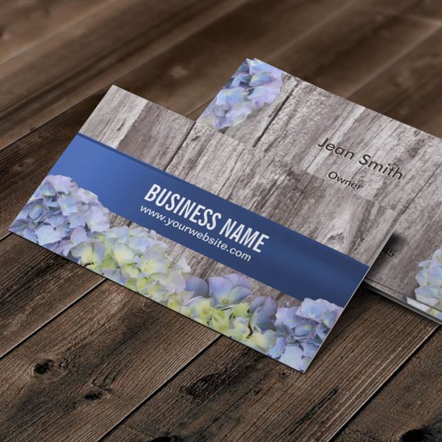 Elegant Blue Hydrangea Flowers Wood Background Business Card (Creator Uploaded)